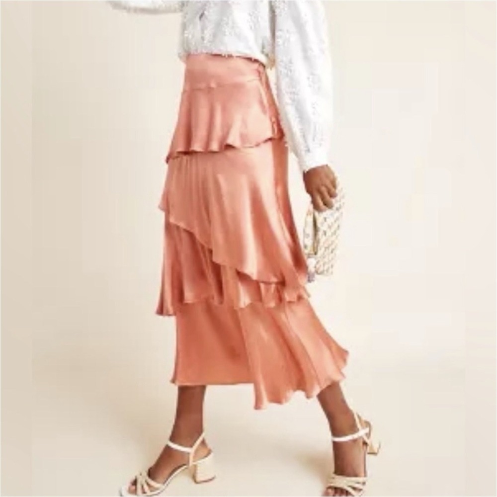 Anthropologie Maeve Cassia Rose Tiered ruffle‎ Midi Skirt Satin Sz 6P